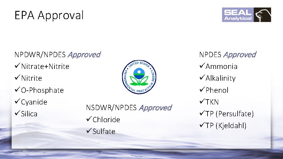 EPA Approval NPDWR/NPDES Approved üNitrate+Nitrite üO-Phosphate üCyanide NSDWR/NPDES Approved üSilica üChloride üSulfate NPDES Approved