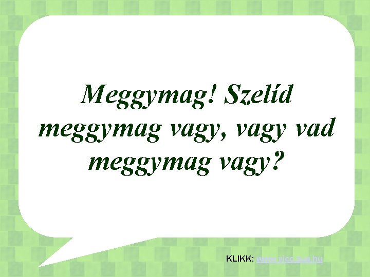 Meggymag! Szelíd meggymag vagy, vagy vad meggymag vagy? KLIKK: www. vicc. zug. hu 