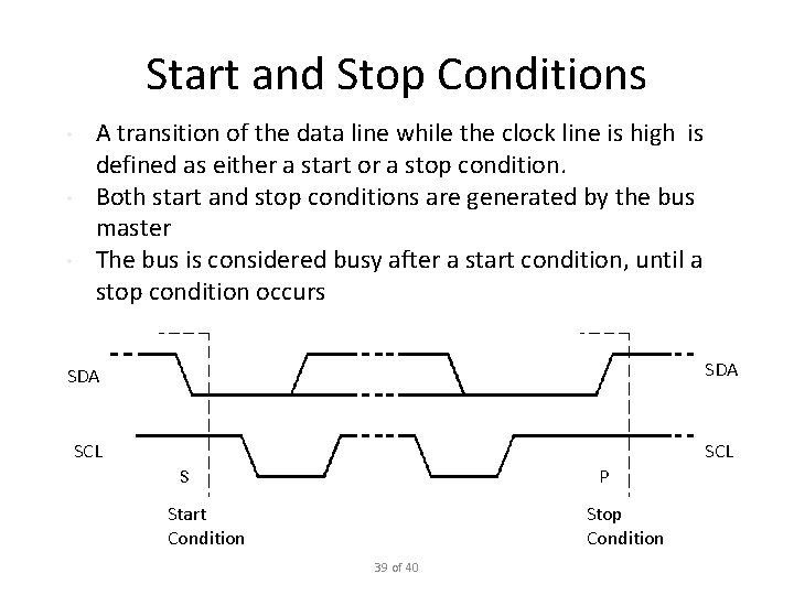 Start and Stop Conditions • • • A transition of the data line while