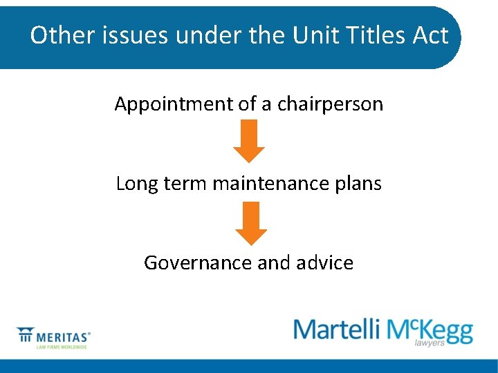 Other issues under the Unit Titles Act Appointment of a chairperson Long term maintenance