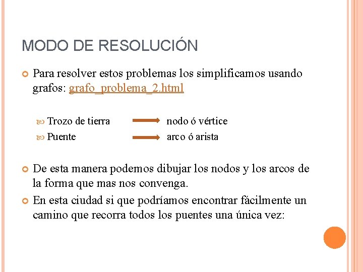 MODO DE RESOLUCIÓN Para resolver estos problemas los simplificamos usando grafos: grafo_problema_2. html Trozo