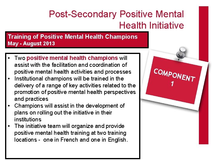 Post-Secondary Positive Mental Health Initiative Training of Positive Mental Health Champions May - August