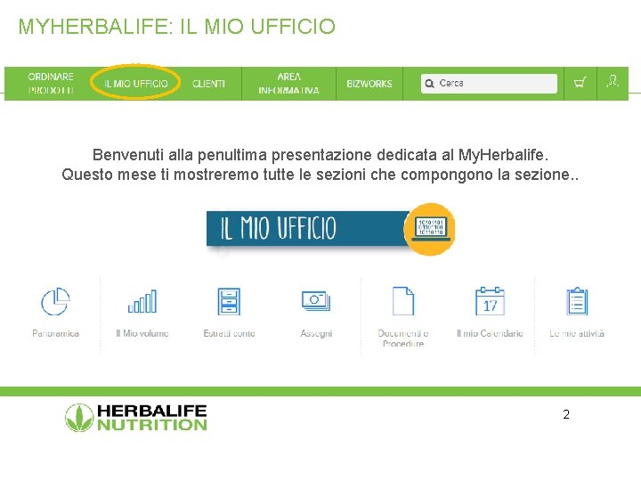 MYHERBALIFE: IL MIO UFFICIO Benvenuti alla penultima presentazione dedicata al My. Herbalife. Questo mese