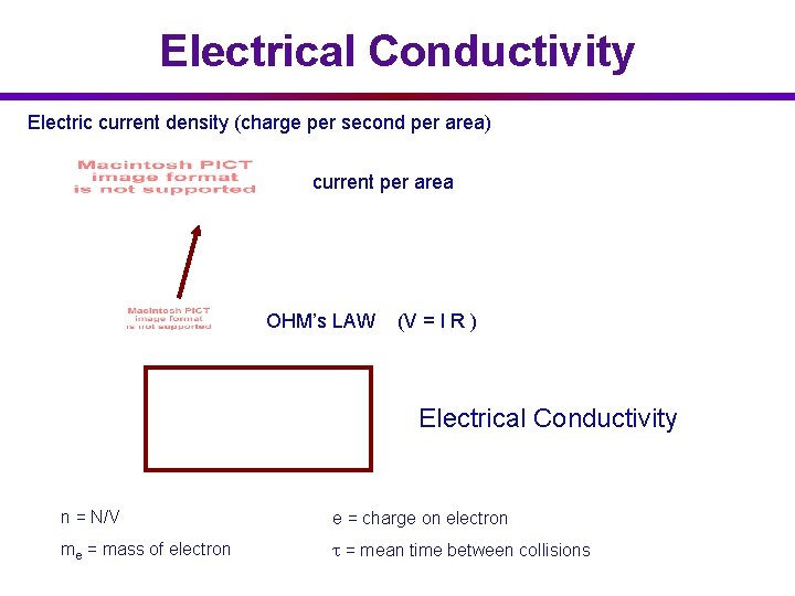 Electrical Conductivity Electric current density (charge per second per area) current per area OHM’s