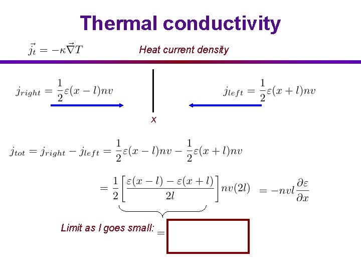 Thermal conductivity Heat current density x Limit as l goes small: 