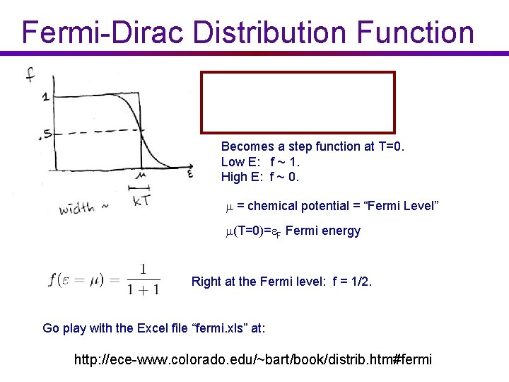 Fermi-Dirac Distribution Function Becomes a step function at T=0. Low E: f ~ 1.