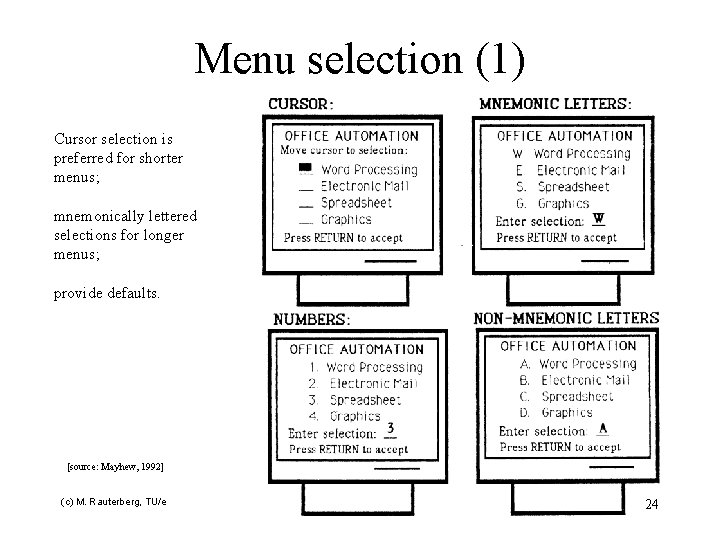 Menu selection (1) Cursor selection is preferred for shorter menus; mnemonically lettered selections for