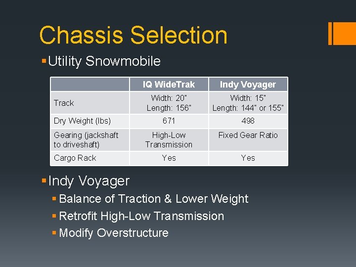 Chassis Selection § Utility Snowmobile Track Dry Weight (lbs) Gearing (jackshaft to driveshaft) Cargo