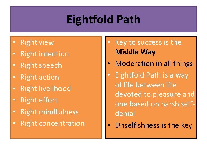Eightfold Path • • Right view Right intention Right speech Right action Right livelihood