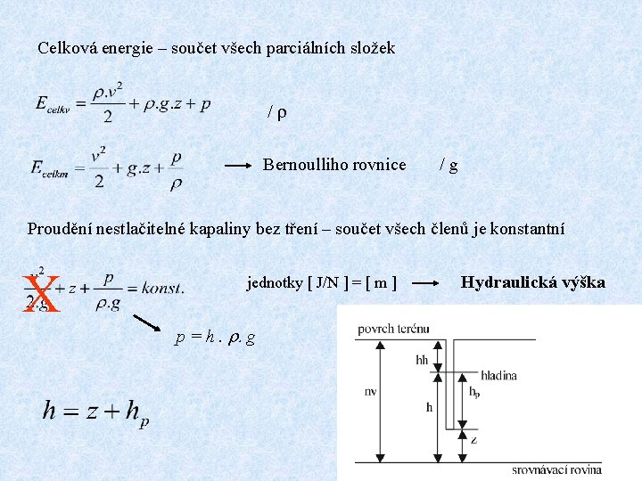 Celková energie – součet všech parciálních složek / r Bernoulliho rovnice / g Proudění