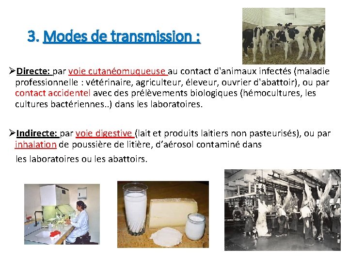 3. Modes de transmission : ØDirecte: par voie cutanéomuqueuse au contact d'animaux infectés (maladie