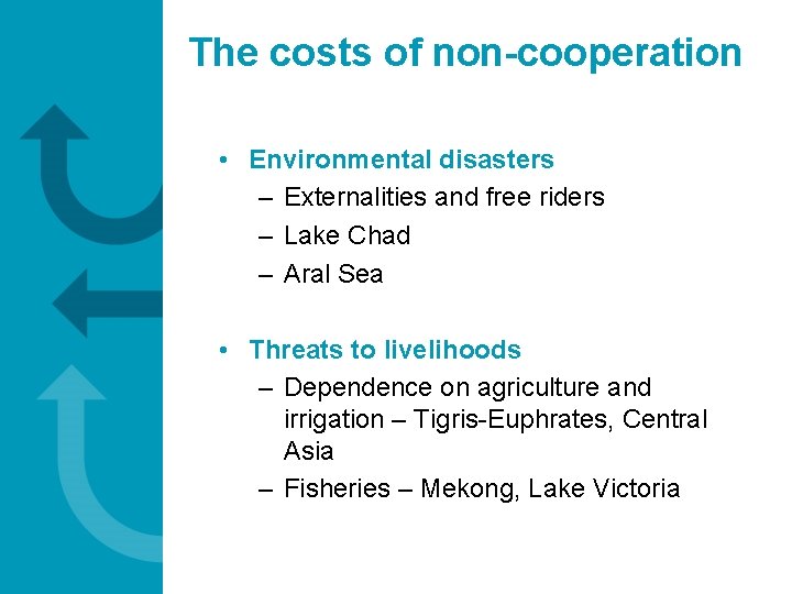 The costs of non-cooperation • Environmental disasters – Externalities and free riders – Lake