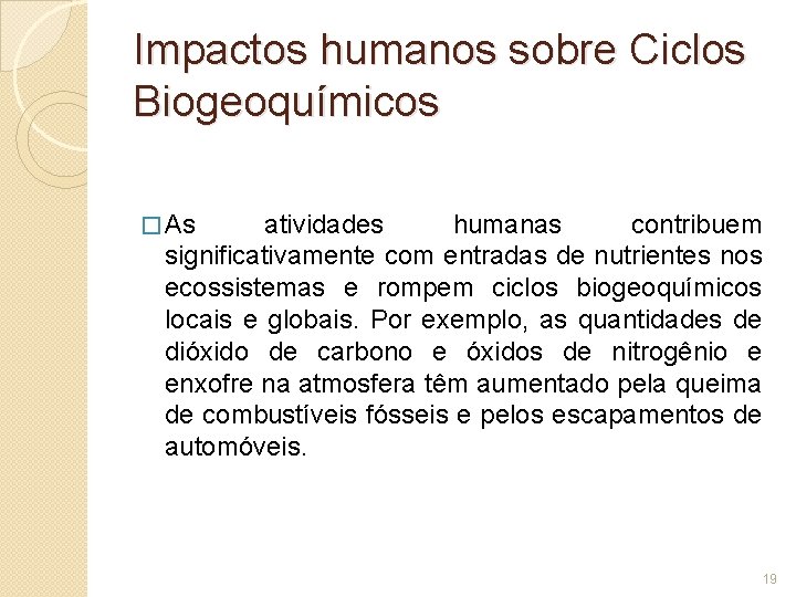 Impactos humanos sobre Ciclos Biogeoquímicos � As atividades humanas contribuem significativamente com entradas de