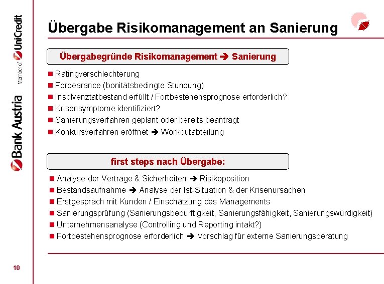 Übergabe Risikomanagement an Sanierung Übergabegründe Risikomanagement Sanierung n Ratingverschlechterung n Forbearance (bonitätsbedingte Stundung) n Übergabe Risikomanagement an Sanierung Übergabegründe Risikomanagement Sanierung n Ratingverschlechterung n Forbearance (bonitätsbedingte Stundung) n