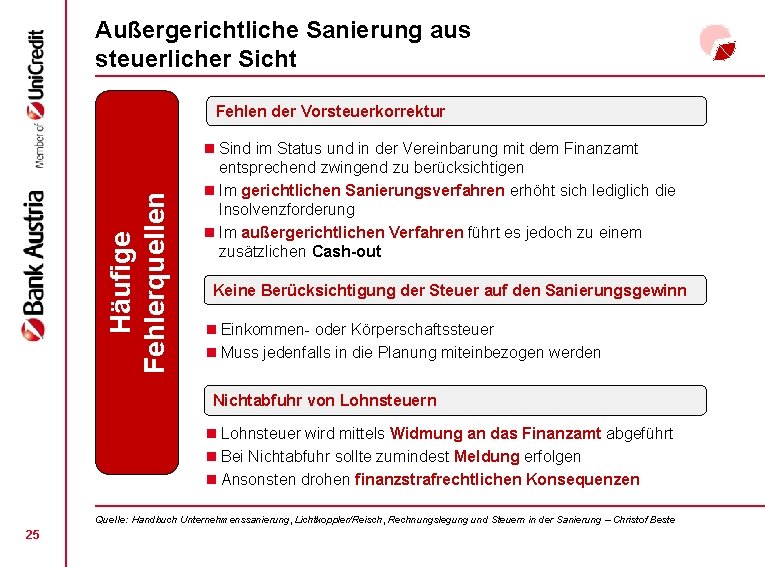 Außergerichtliche Sanierung aus steuerlicher Sicht Häufige Fehlerquellen Fehlen der Vorsteuerkorrektur n Sind im Status