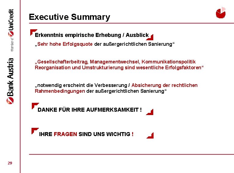 Executive Summary Erkenntnis empirische Erhebung / Ausblick „Sehr hohe Erfolgsquote der außergerichtlichen Sanierung“ „Gesellschafterbeitrag,