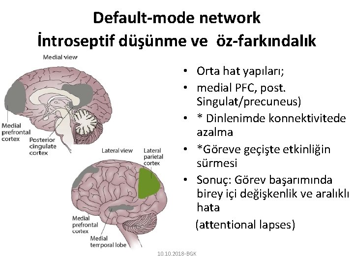 Default-mode network İntroseptif düşünme ve öz-farkındalık • Orta hat yapıları; • medial PFC, post.