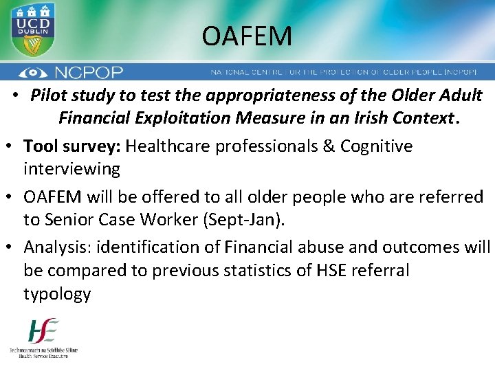 OAFEM • Pilot study to test the appropriateness of the Older Adult Financial Exploitation