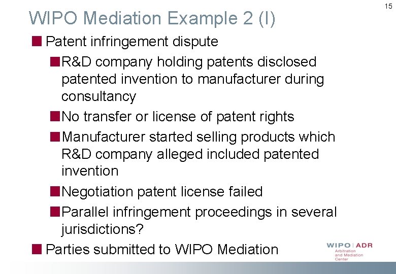 WIPO Mediation Example 2 (I) Patent infringement dispute R&D company holding patents disclosed patented