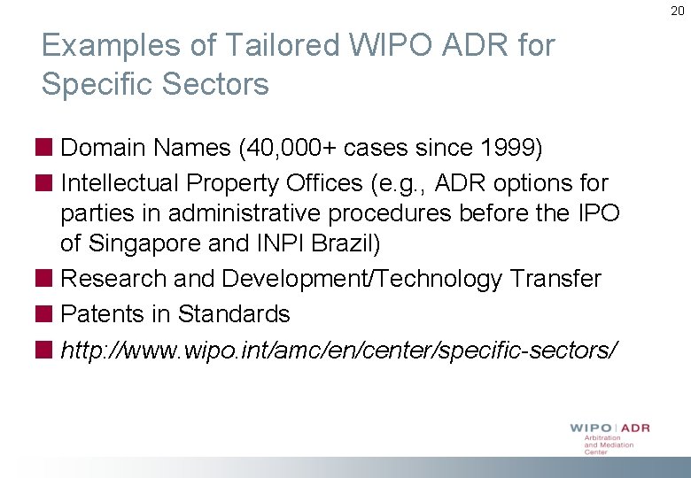 20 Examples of Tailored WIPO ADR for Specific Sectors Domain Names (40, 000+ cases