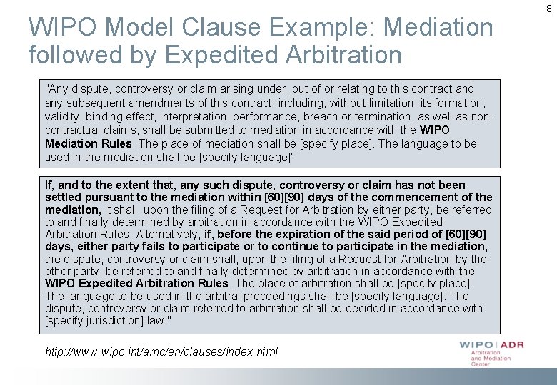 WIPO Model Clause Example: Mediation followed by Expedited Arbitration "Any dispute, controversy or claim