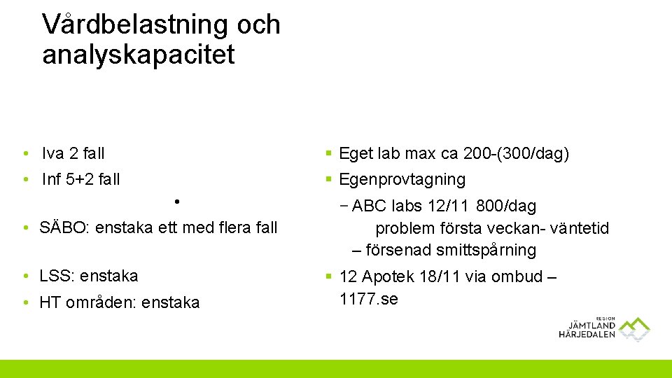 Vårdbelastning och analyskapacitet • Iva 2 fall § Eget lab max ca 200 -(300/dag)