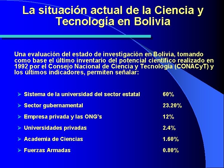 La situación actual de la Ciencia y Tecnología en Bolivia Una evaluación del estado