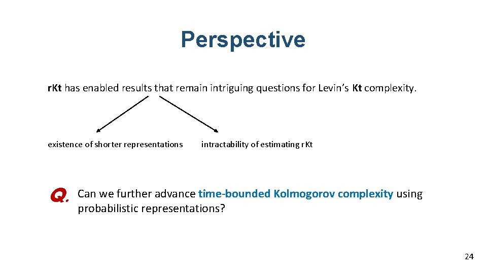 Perspective r. Kt has enabled results that remain intriguing questions for Levin’s Kt complexity.