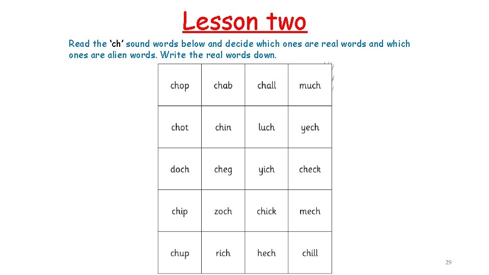 Lesson two Read the ‘ch’ sound words below and decide which ones are real