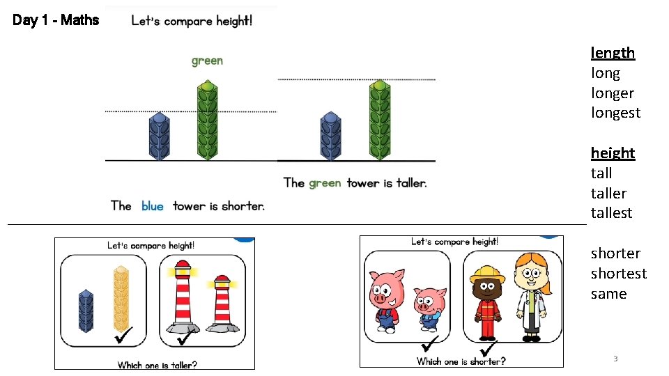 Day 1 - Maths length longer longest height taller tallest shorter shortest same 3