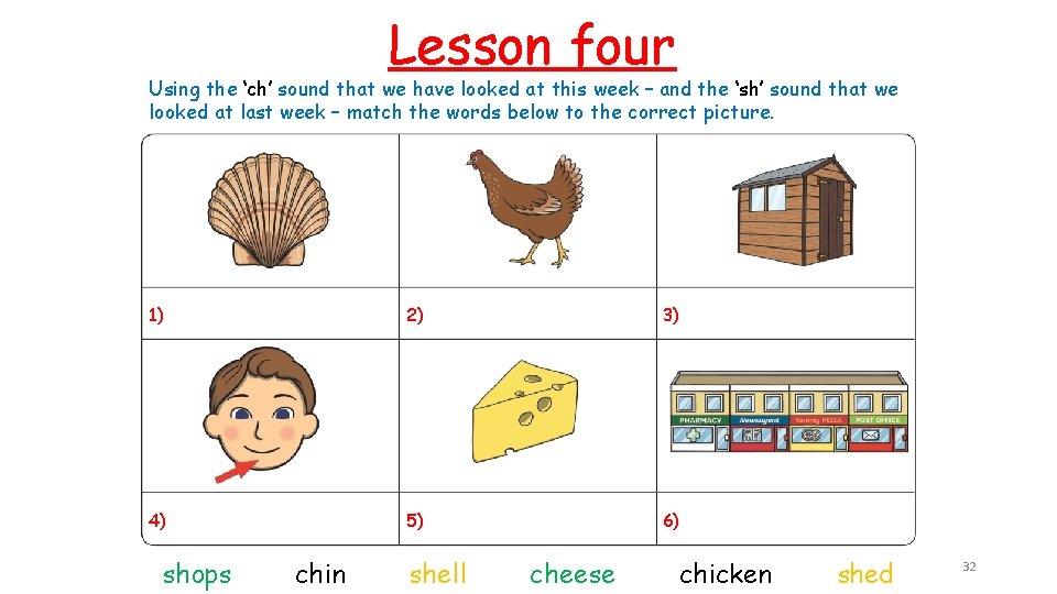 Lesson four Using the ‘ch’ sound that we have looked at this week –