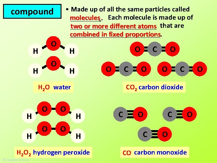 compound O H • Made up of all the same particles called molecules ____.