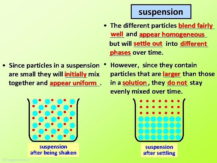 suspension fairly • The different particles blend _____ well and __________ appear homogeneous ____