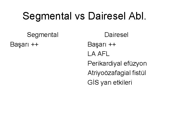 Segmental vs Dairesel Abl. Segmental Başarı ++ Dairesel Başarı ++ LA AFL Perikardiyal efüzyon