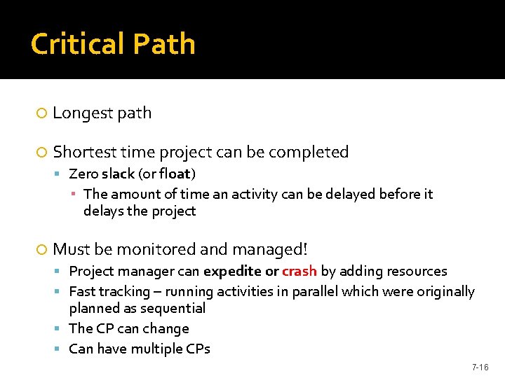 Critical Path Longest path Shortest time project can be completed Zero slack (or float)