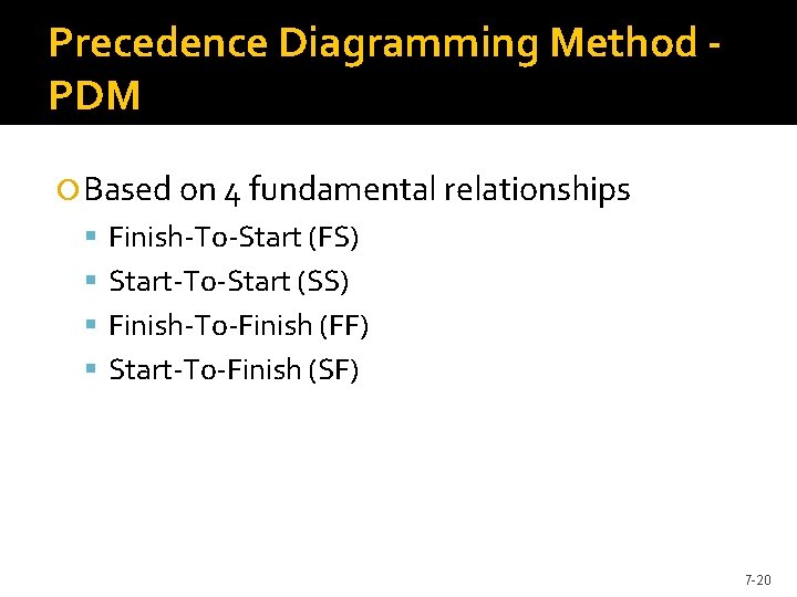 Precedence Diagramming Method PDM Based on 4 fundamental relationships Finish-To-Start (FS) Start-To-Start (SS) Finish-To-Finish
