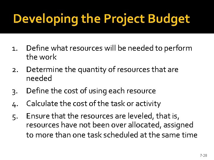 Developing the Project Budget 1. Define what resources will be needed to perform the