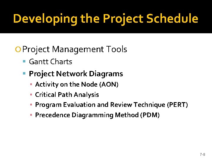 Developing the Project Schedule Project Management Tools Gantt Charts Project Network Diagrams ▪ Activity