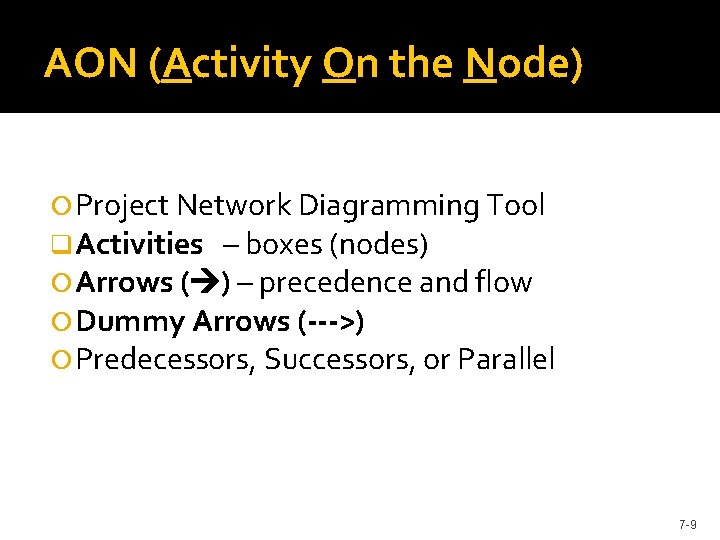 AON (Activity On the Node) Project Network Diagramming Tool q Activities – boxes (nodes)
