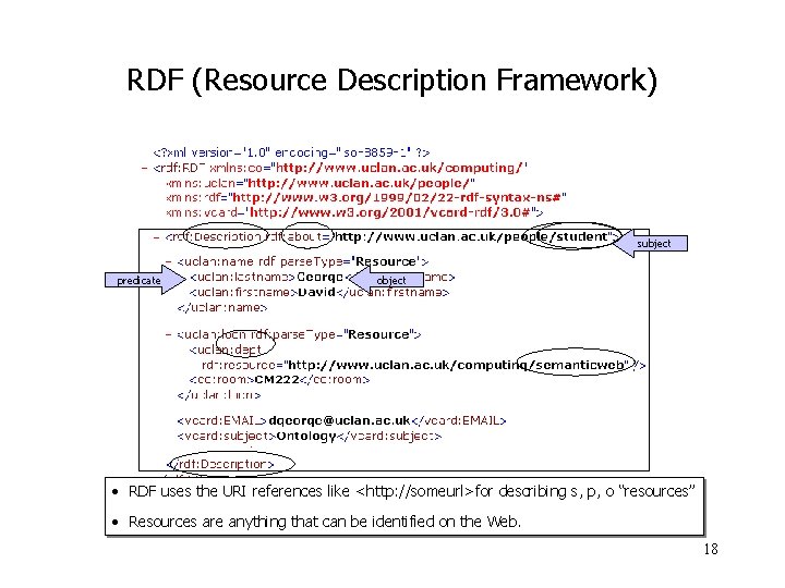 RDF (Resource Description Framework) • W 3 C standard (2004) for content (resource) description.