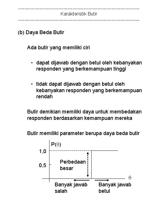 ---------------------------------------Karakteristik Butir --------------------------------------- (b) Daya Beda Butir Ada butir yang memiliki ciri • dapat