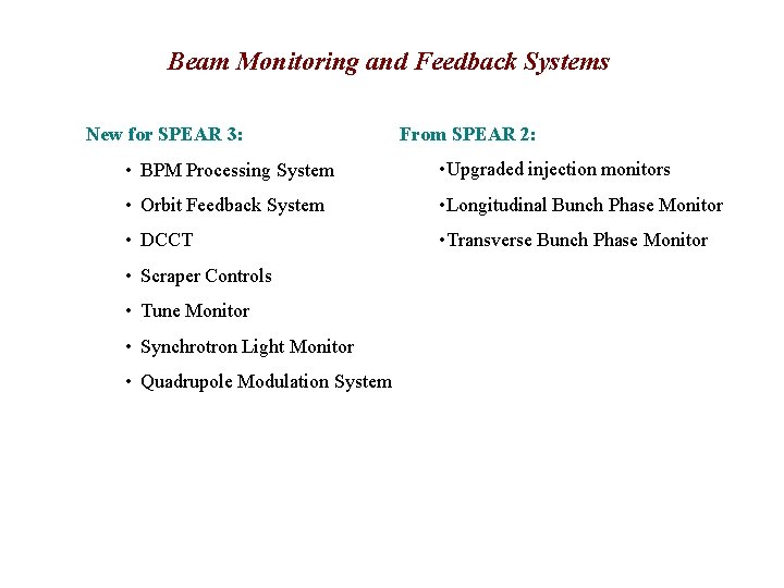 Beam Monitoring and Feedback Systems New for SPEAR 3: From SPEAR 2: • BPM