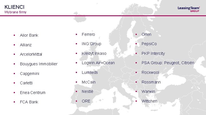 KLIENCI Wybrane firmy § Alior Bank § Ferrero § Orlen § Allianz § ING