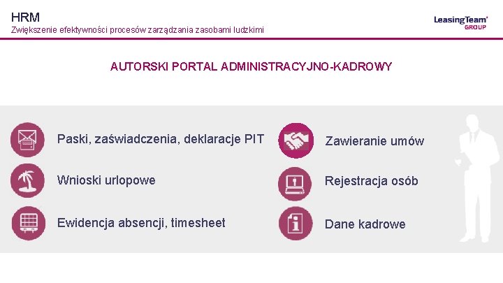 HRM Zwiększenie efektywności procesów zarządzania zasobami ludzkimi AUTORSKI PORTAL ADMINISTRACYJNO-KADROWY Paski, zaświadczenia, deklaracje PIT