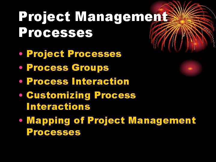 Project Management Processes • • Project Processes Process Groups Process Interaction Customizing Process Interactions