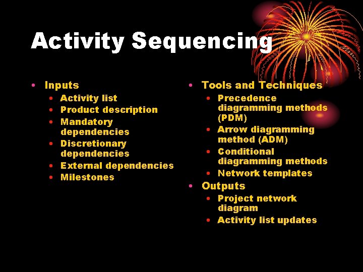 Activity Sequencing • Inputs • Activity list • Product description • Mandatory dependencies •