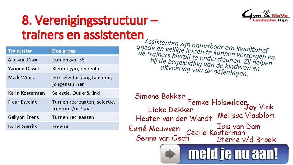 8. Verenigingsstructuur – trainers en assistenten Assistente Train(st)er Doelgroep Alie van Dissel Damengym 55+