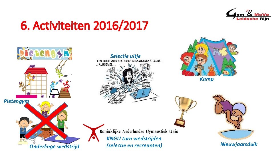 6. Activiteiten 2016/2017 Selectie uitje Kamp Pietengym Onderlinge wedstrijd KNGU turn wedstrijden (selectie en
