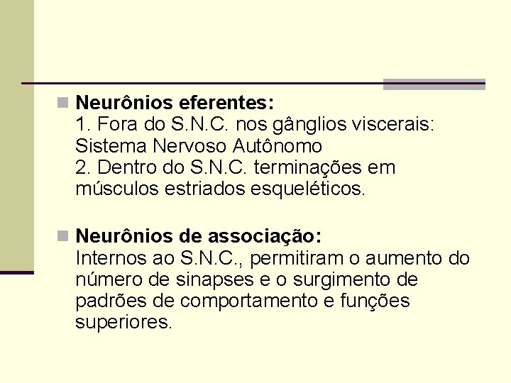 n Neurônios eferentes: 1. Fora do S. N. C. nos gânglios viscerais: Sistema Nervoso