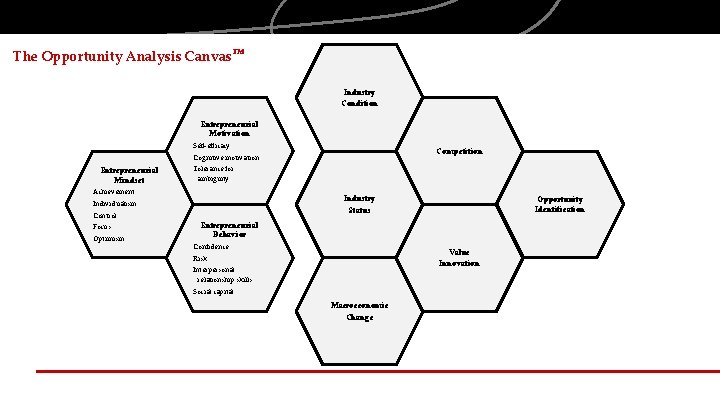 The Opportunity Analysis Canvas TM Industry Condition Entrepreneurial Motivation Self-efficacy Competition Cognitive motivation Entrepreneurial